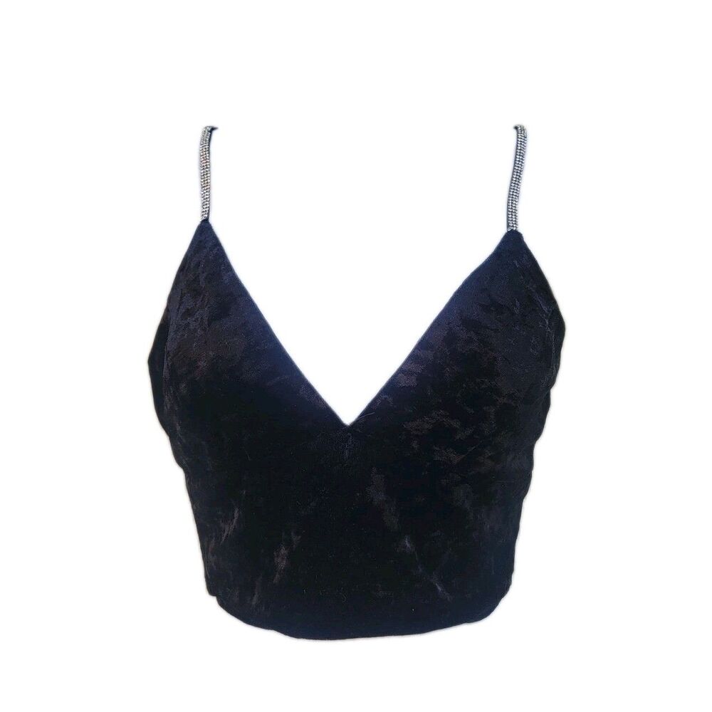 Wmns Cropped Black velvet spaghetti strap tank sz S Y2k Indiesleaze
